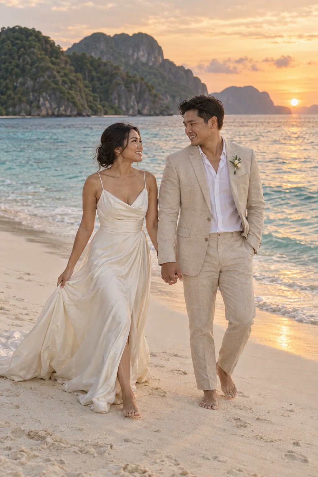 Elena and Rafael walking together on a Palawan beach at sunset