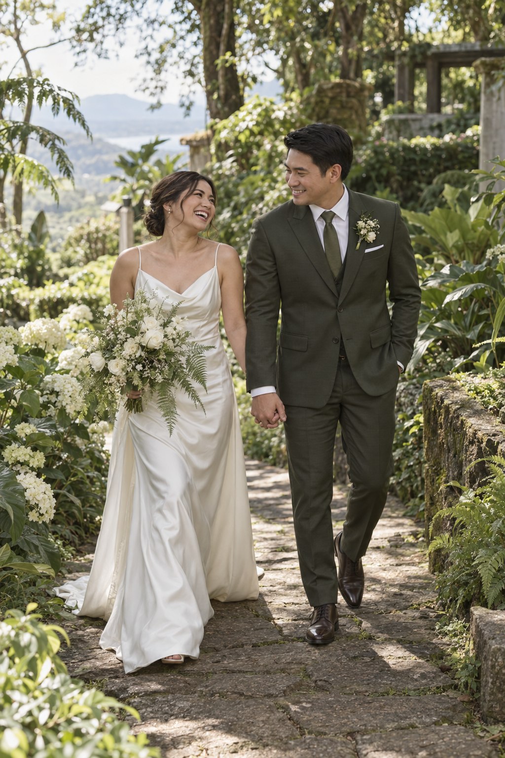 Sofia and Andres walking through a lush Tagaytay garden